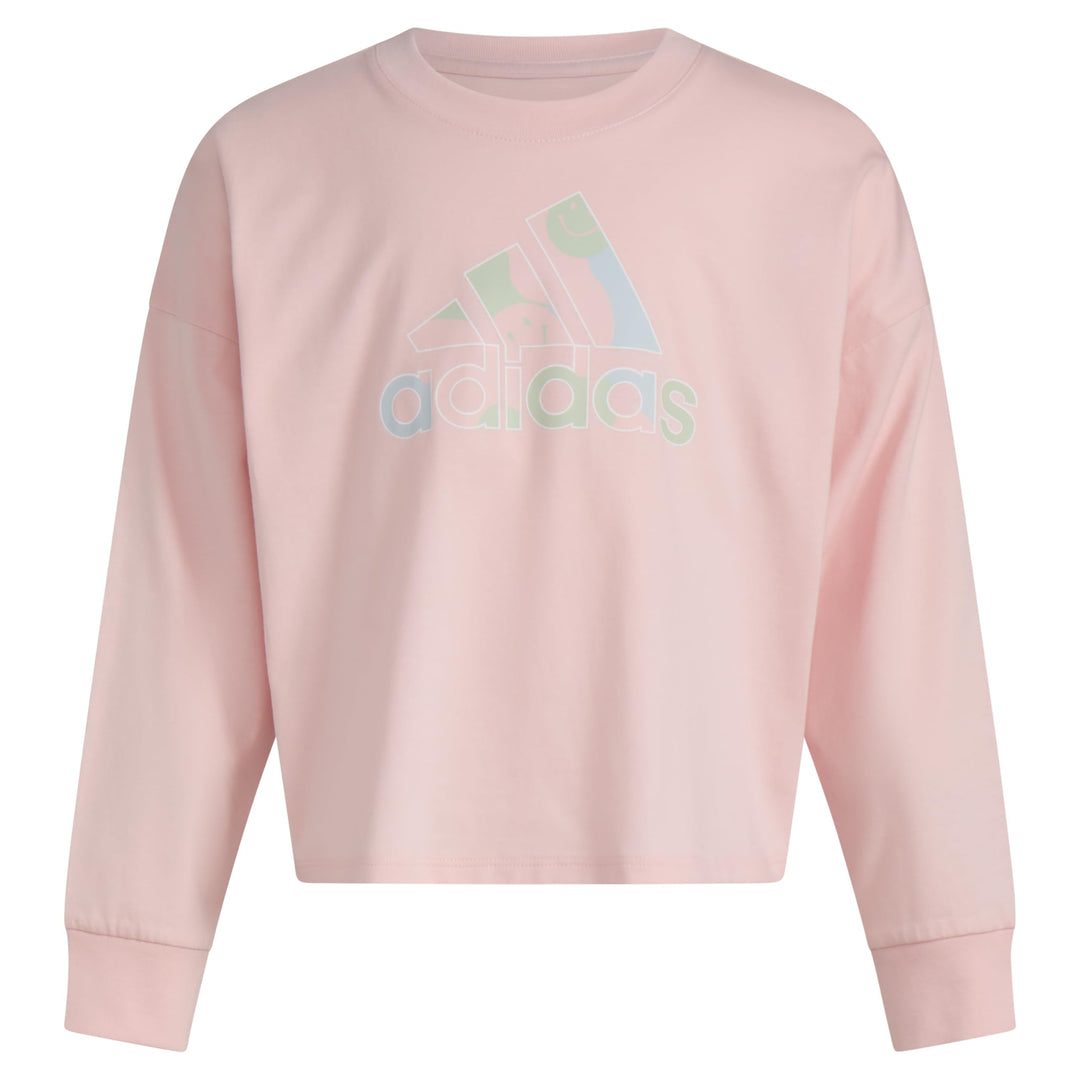 adidas Girls Little Long Sleeve Waist Crew Tee T-Shirt Pink with Multicolor
