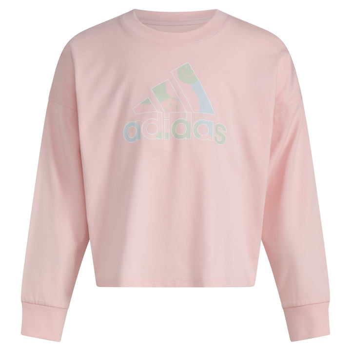adidas Girls Little Long Sleeve Waist Crew Tee T-Shirt Pink with Multicolor