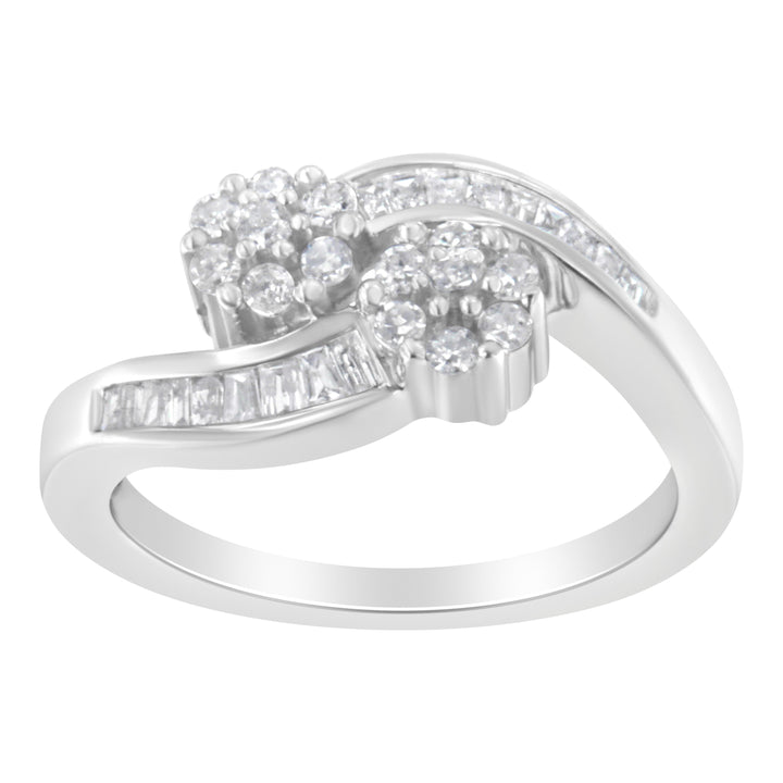 14K White Gold Round and Baguette Diamond Bypass Ring (1/2 cttw, H-I Color, I1-I2 Clarity) - Ring Size 6