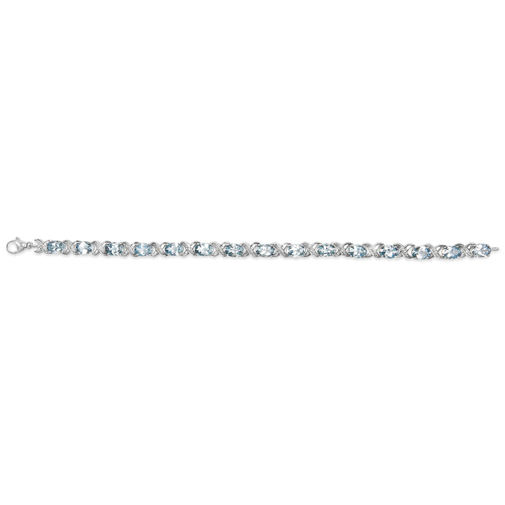 .925 Sterling Silver 16.0 Cttw Oval Blue Topaz and Diamond Accent Tennis X Link Bracelet (I-J Color, I1-I2 Clarity) - Size 7" Inch