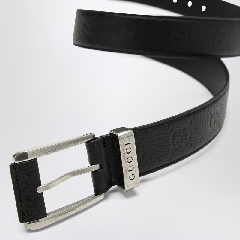 Gucci Black Belt With Gg Pattern And Square Buckle Men