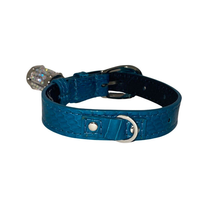 Dark Turquoise XS Snake 7”-14” Collar/Custom Silver Italian Hardware &amp; Swarovski Crystal Charm