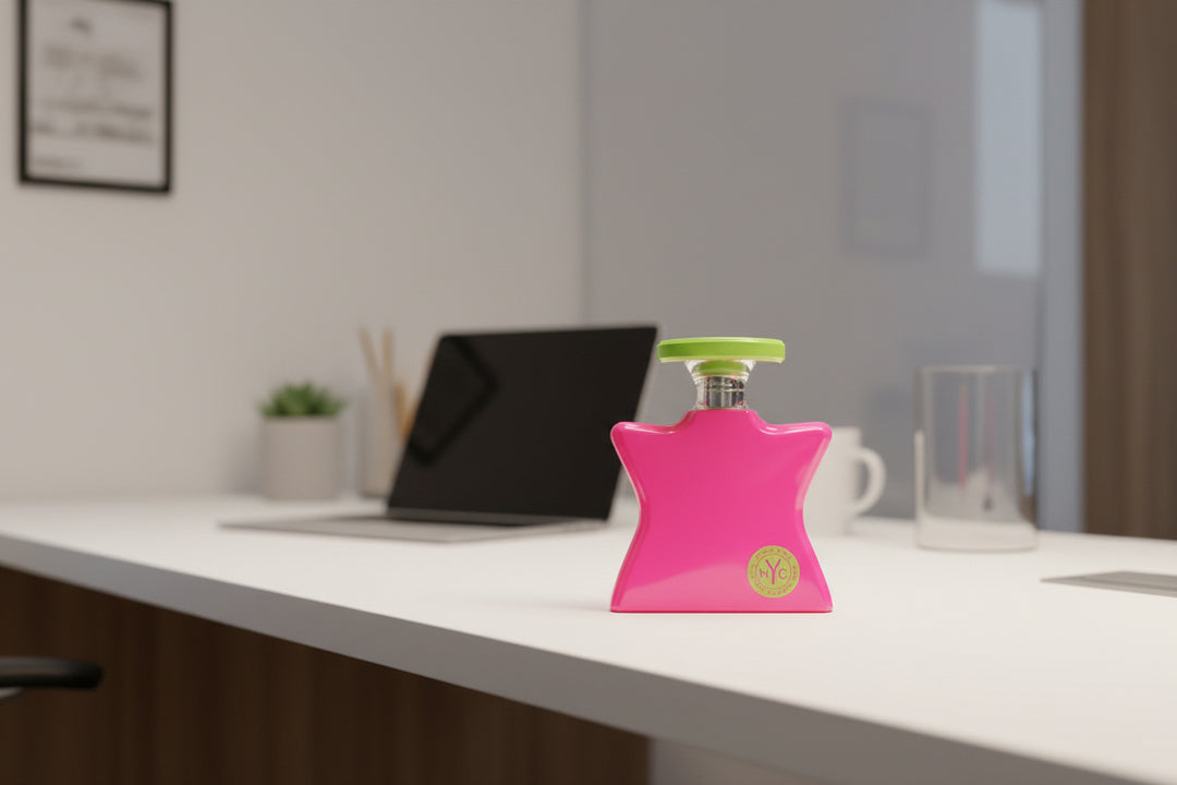 Pink perfume bottle with green cap on a white background