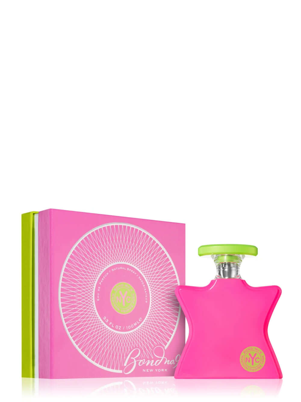 Pink perfume bottle and packaging with green accents on a white background