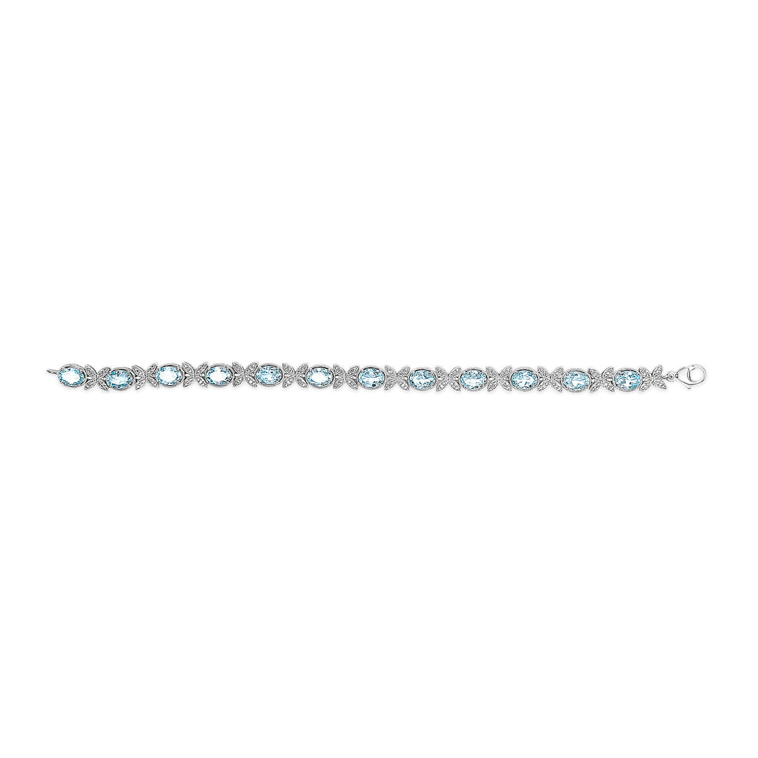 .925 Sterling Silver Oval Blue Topaz Diamond Butterfly Link Bracelet (I-J Color, I1-I2 Clarity) - Size 7" Inches