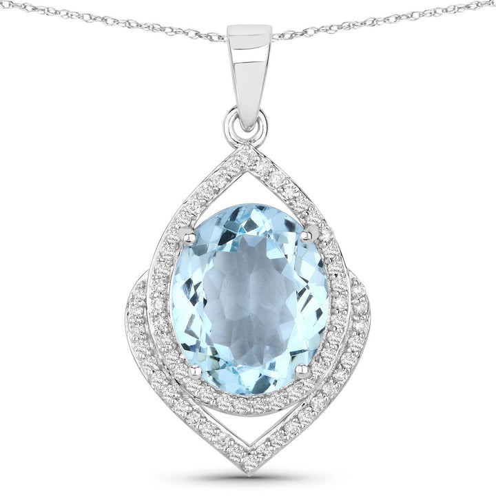 3.82 Carat Genuine Aquamarine and White Diamond 14K White Gold Pendant