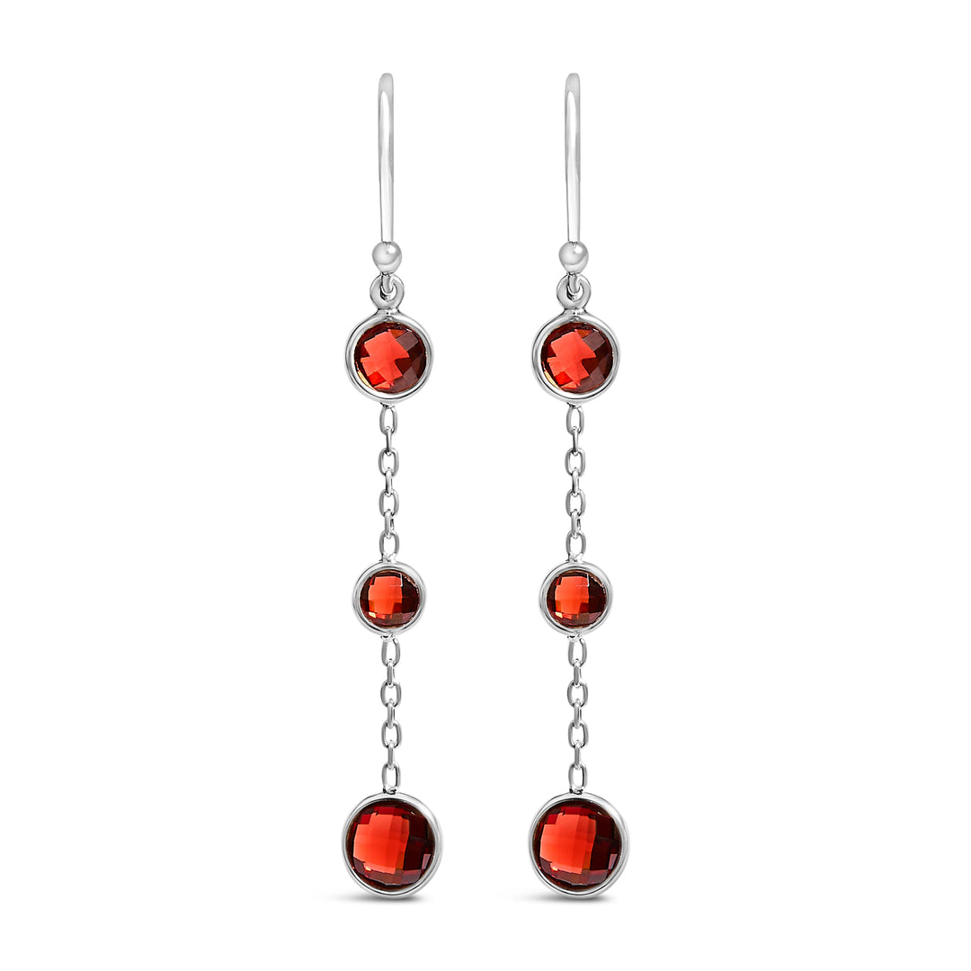 .925 Sterling Silver Graduating Bezel Set Red Garnet Dangle Earring