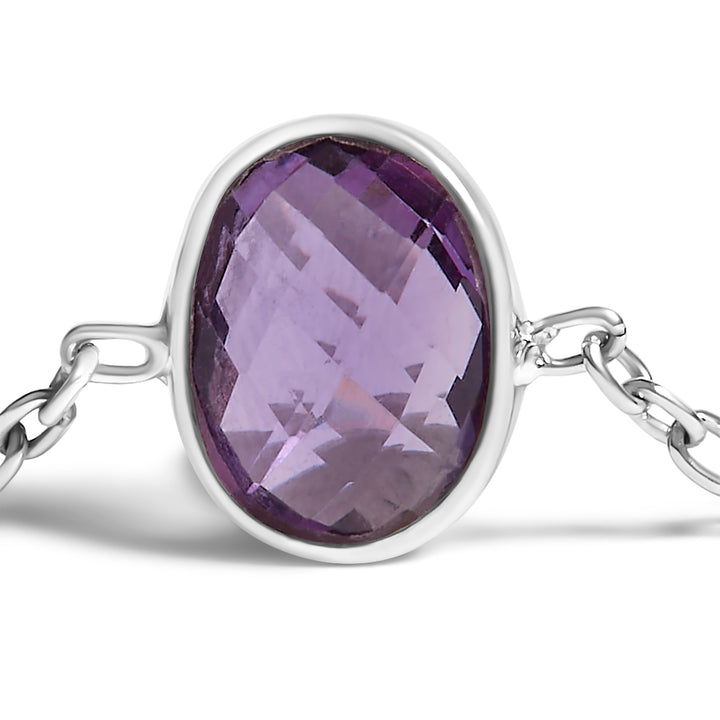 .925 Sterling Silver Bezel Set Purple Amethyst 5 Station Adjustable Bolo Bracelet