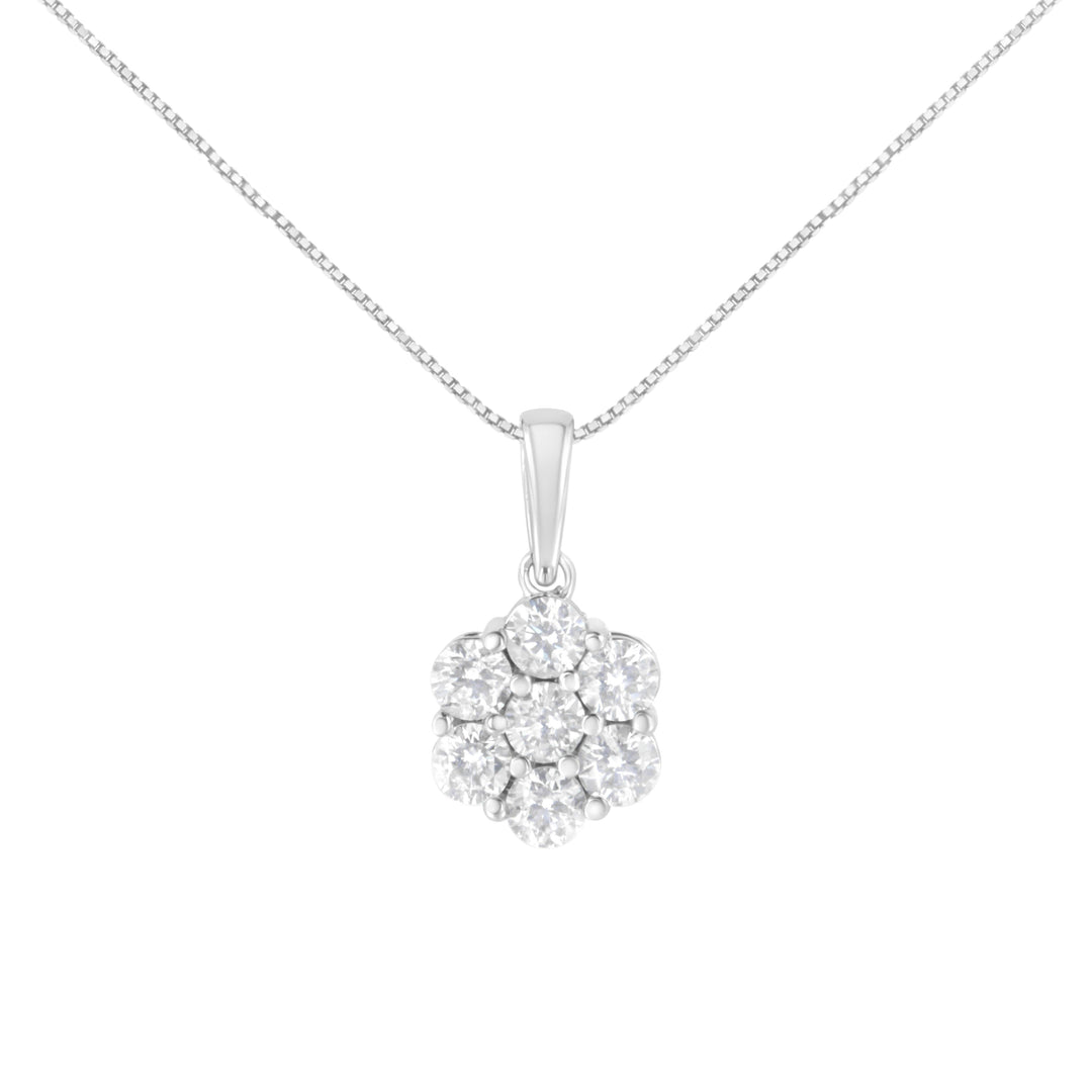 14K White Gold 2.00 Cttw Brilliant Round-Cut Diamond 7 Stone Flower Cluster 18" Pendant Necklace (H-I Color, SI2-I1 Clarity)