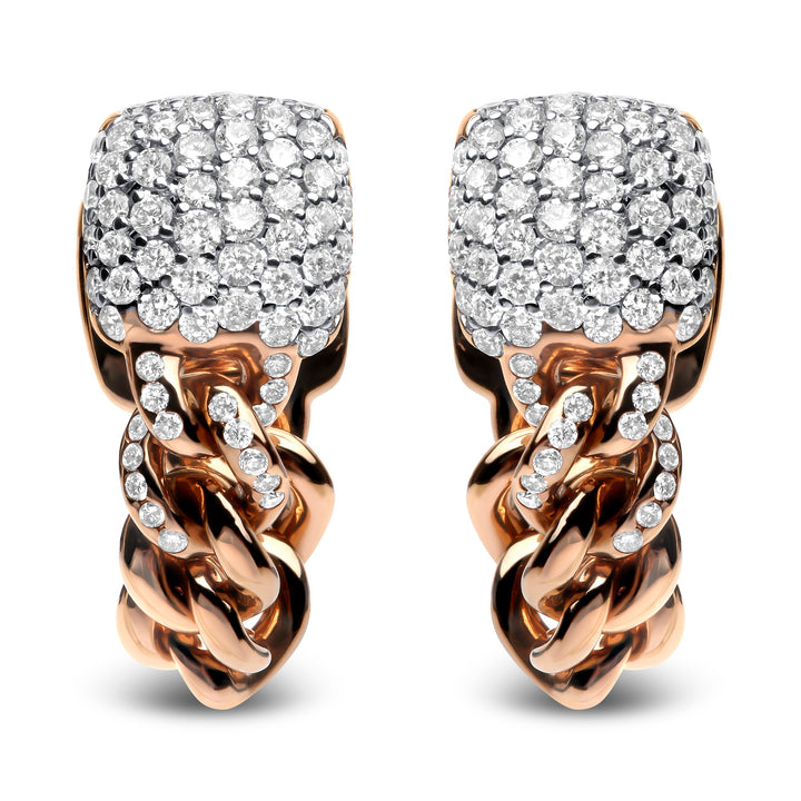 18K Rose Gold 3/4 Cttw Round Diamond Pave Cuban Chain Huggie Earrings (G-H Color, SI1-SI2 Clarity)