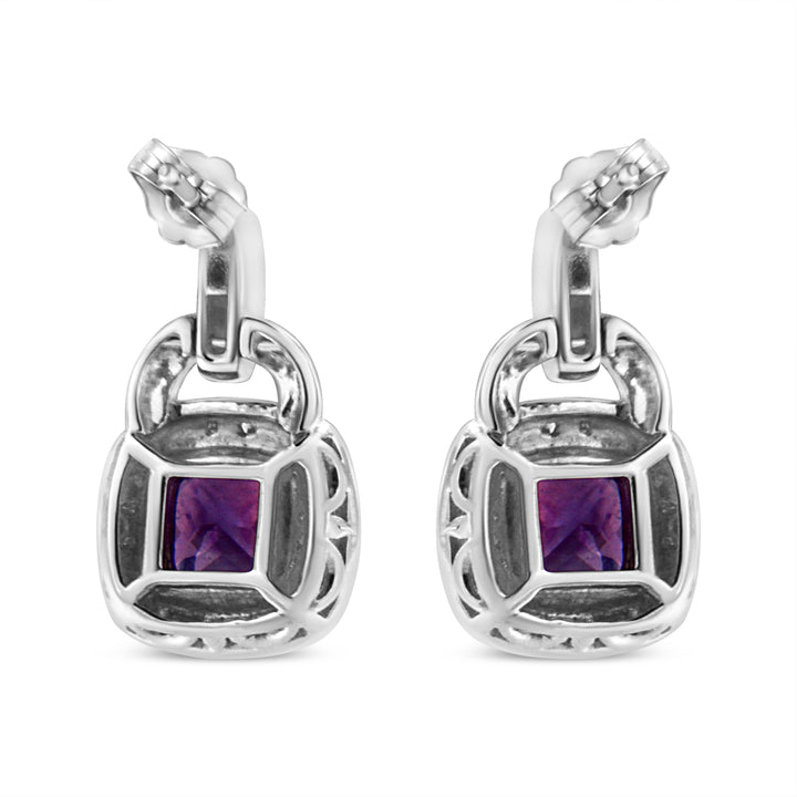 .925 Sterling Silver 8MM Natural Cushion Shaped Amethyst and Diamond Accent Halo with Push Back Dangle Earrings (I-J Color, I2-I3 Clarity)