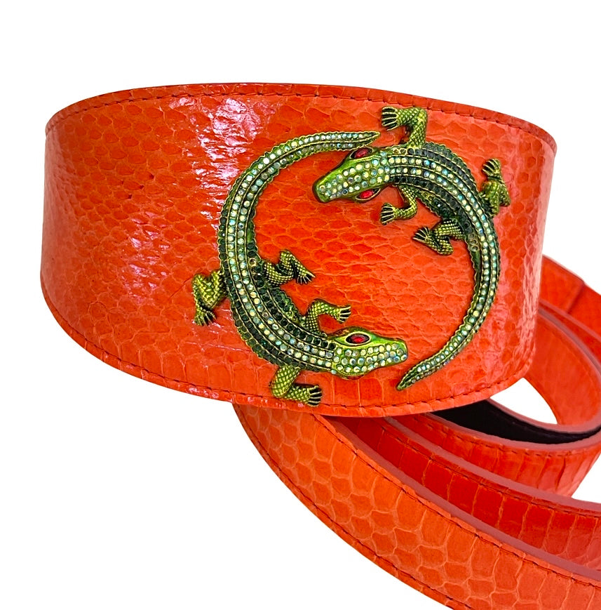Orange Snake 3” Wide Style Collar &amp; Leash Set With Green Rhinestone Alligators!