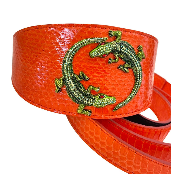 Orange Snake 3” Wide Style Collar &amp; Leash Set With Green Rhinestone Alligators!