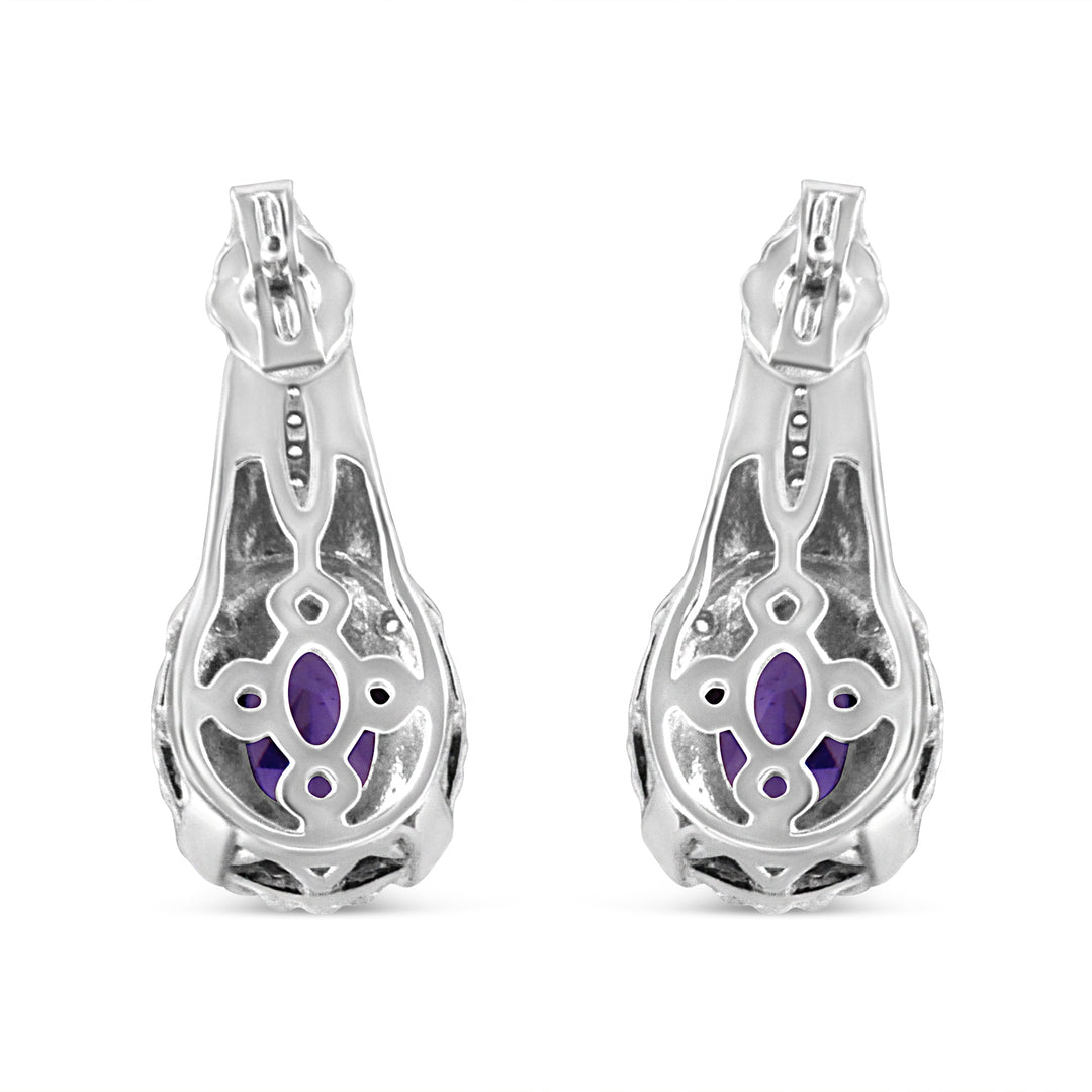 .925 Sterling Silver 8x6 MM Natural Oval Purple Amethyst Gemstone and Diamond Accent Art Deco Style Drop and Dangle Earrings (I-J Color, I1-I2 Clarity)