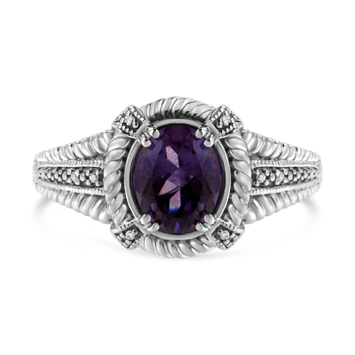 .925 Sterling Silver Prong Set Natural Oval Shape 9X7 MM Purple Amethyst Solitaire and Diamond Accent Ring (I-J Color, I1-I2 Clarity) - Ring Size 7