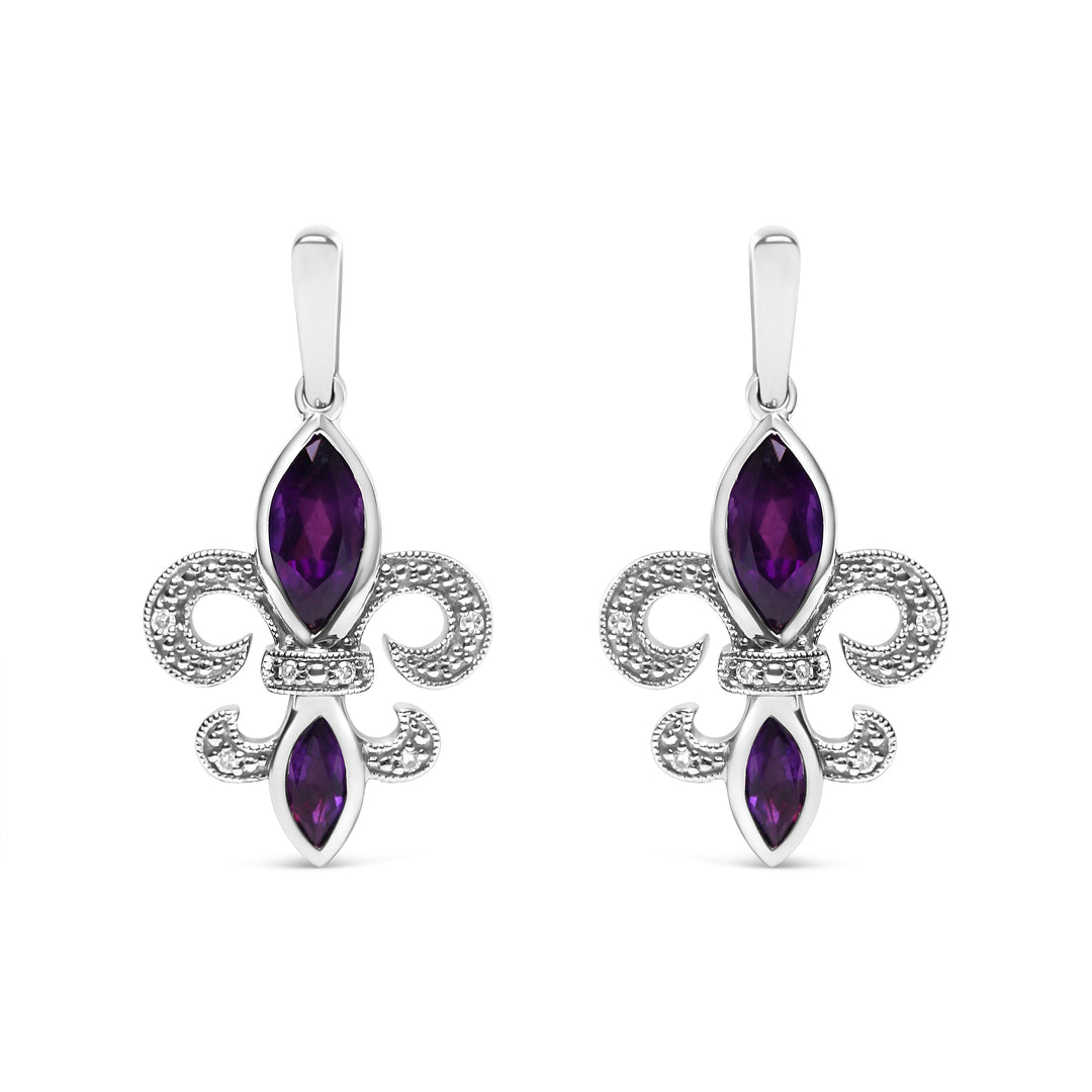 .925 Sterling Silver Marquise Cut Amethyst and Diamond Accent Fleur De Lis Dangle Stud Earrings (H-I Color, SI1-SI2 Clarity)