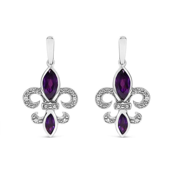 .925 Sterling Silver Marquise Cut Amethyst and Diamond Accent Fleur De Lis Dangle Stud Earrings (H-I Color, SI1-SI2 Clarity)