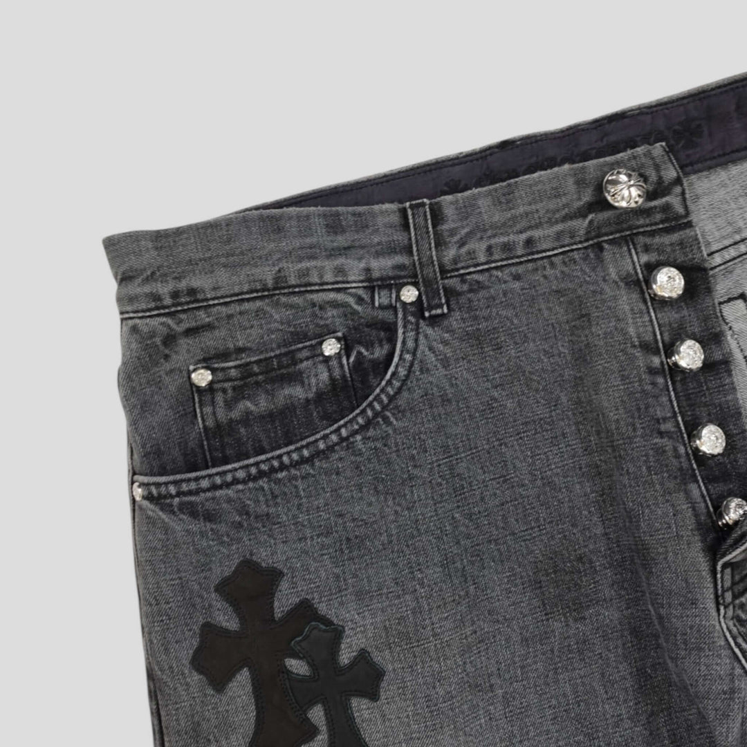 Chrome Heart Fleur Knee Denim in Black/White, a rare authentic Chrome Hearts luxury denim jeans in gently used condition.