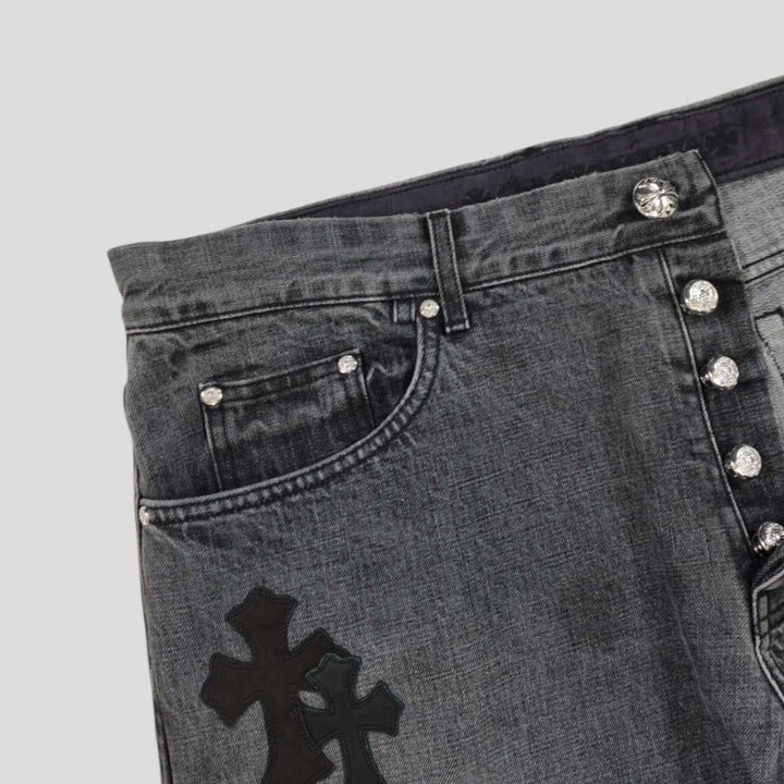 Chrome Heart Fleur Knee Denim in Black/White, a rare authentic Chrome Hearts luxury denim jeans in gently used condition.
