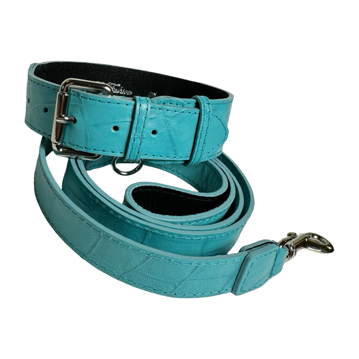 The Tiffany Collection. Gorgeous Turquoise Blue Embossed Croc Italian Leather Collar &amp; Leash Set, With Our Classic Silver Hardware.