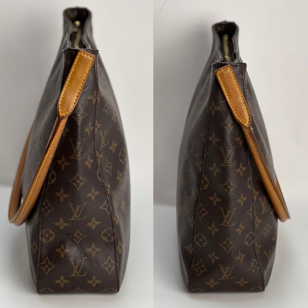 Side view of LOUIS VUITTON Looping GM Monogram Shoulder Bag showcasing the monogram print and handle.