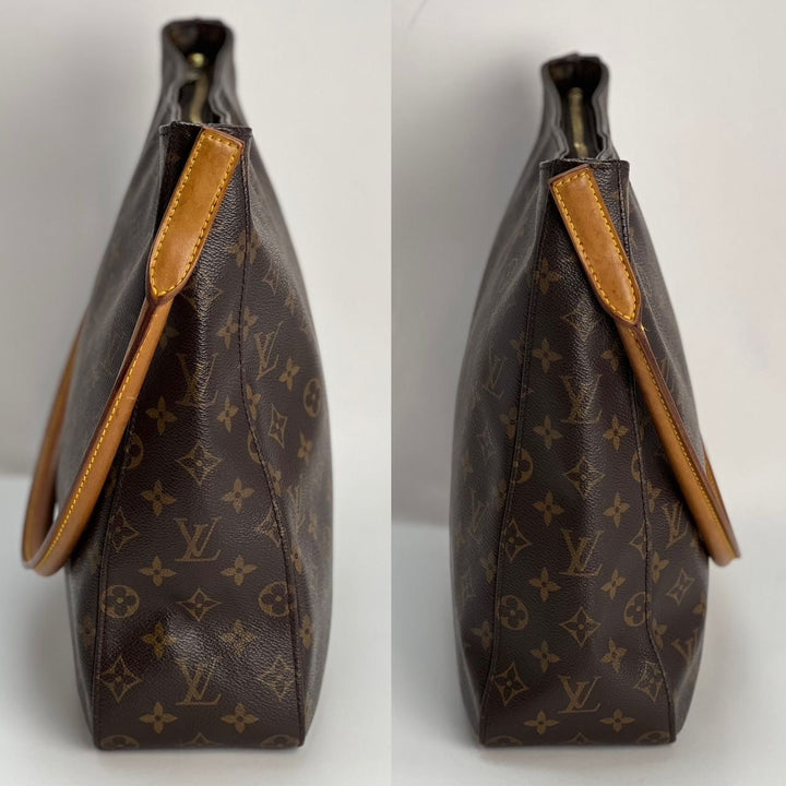 Side view of LOUIS VUITTON Looping GM Monogram Shoulder Bag showcasing the monogram print and handle.