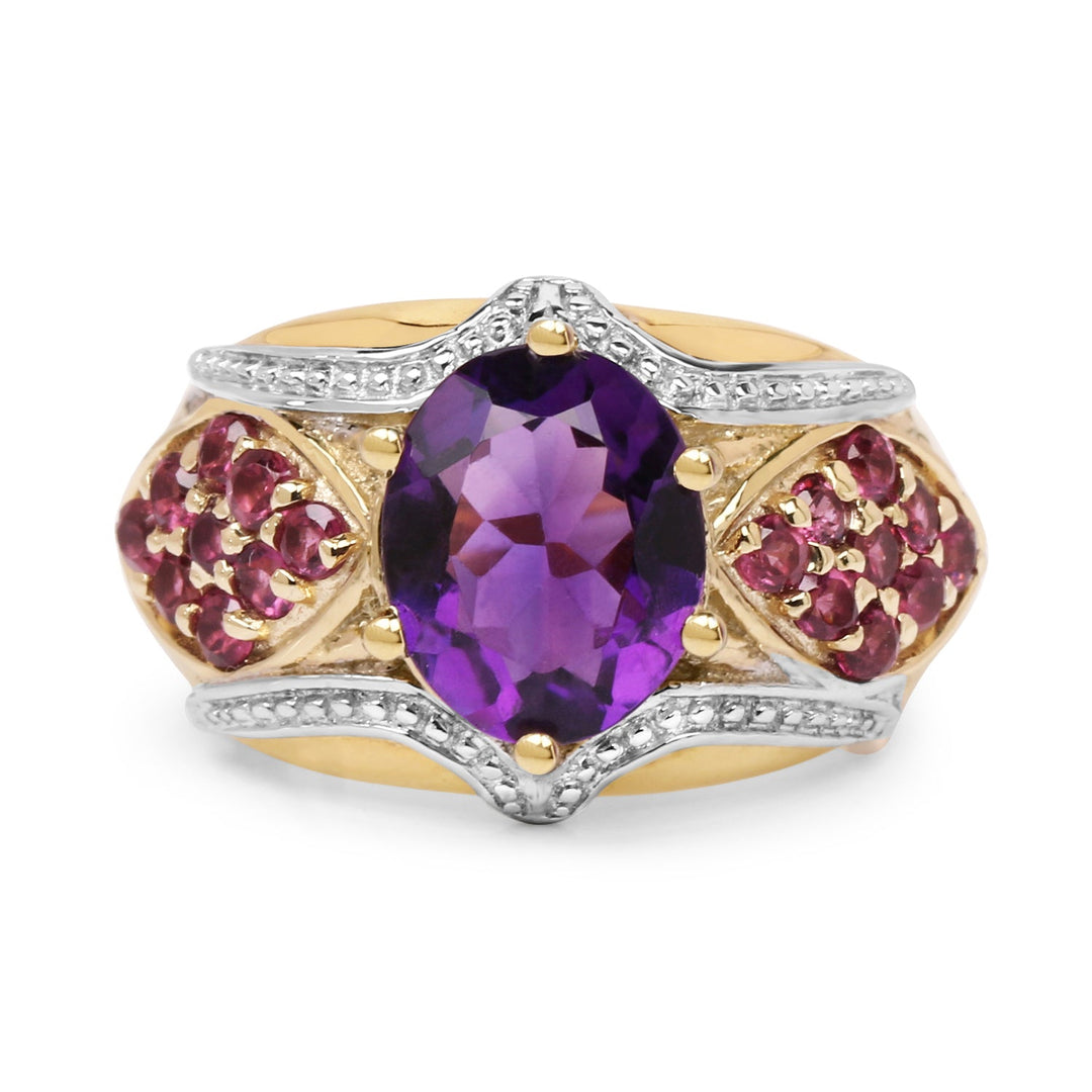 14K Yellow Gold Plated 3.01 Carat Genuine Amethyst &amp; Rhodolite .925 Sterling Silver Ring
