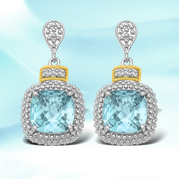 18k Yellow Gold &amp; Sterling Silver Sky Blue Topaz &amp; Diamond Earrings (.05cttw)