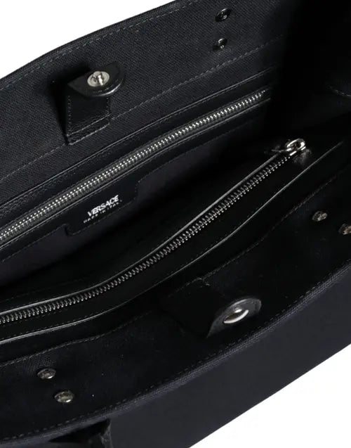 BOLSO DE COMPRAS DE LONA CON LOGOTIPO DE CUERO Y MANGO SUPERIOR NEGRO DE Versace