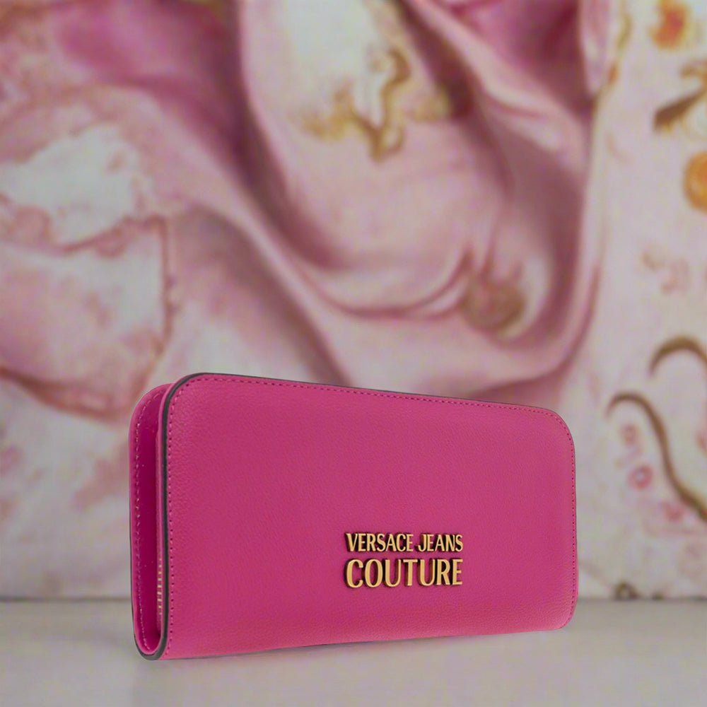 Versace Jeans Couture pink wallet with gold emblem, synthetic leather, stylish design for women.