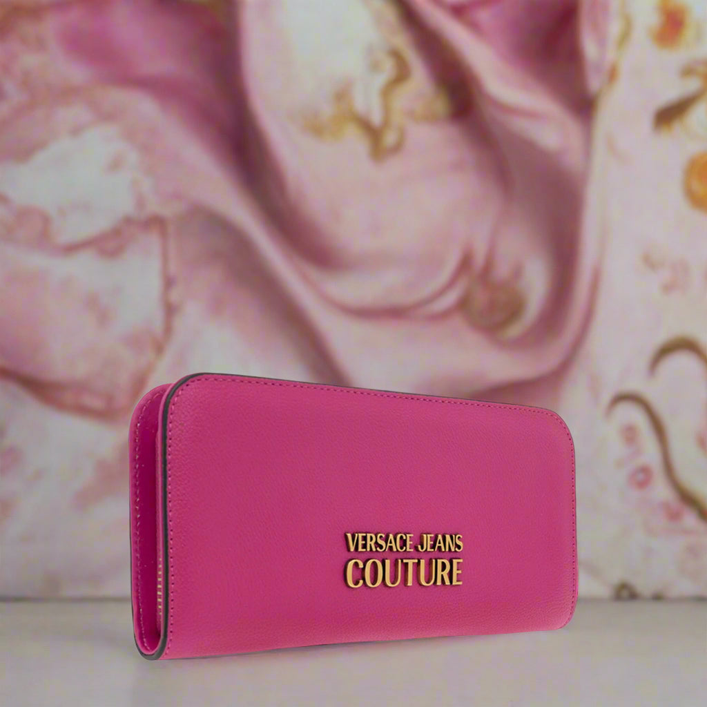 Versace Jeans Couture pink wallet with gold emblem, synthetic leather, stylish design for women.
