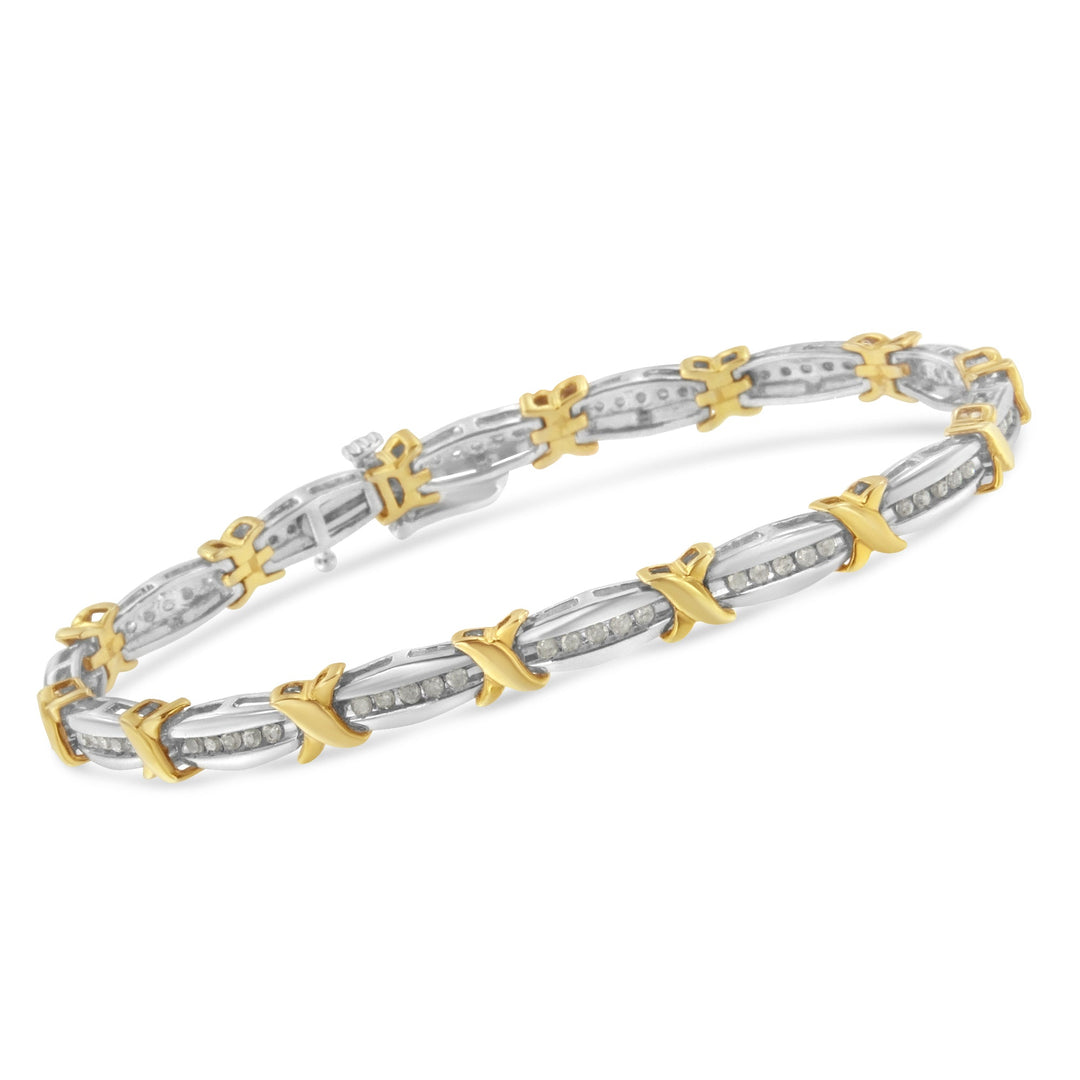 Two-Tone 10K Yellow Gold over .925 Sterling Silver 1.0 Cttw Diamond Channel Set Tapered &amp; X-Link 7" Tennis Bracelet (H-I Color, I2-I3 Clarity)