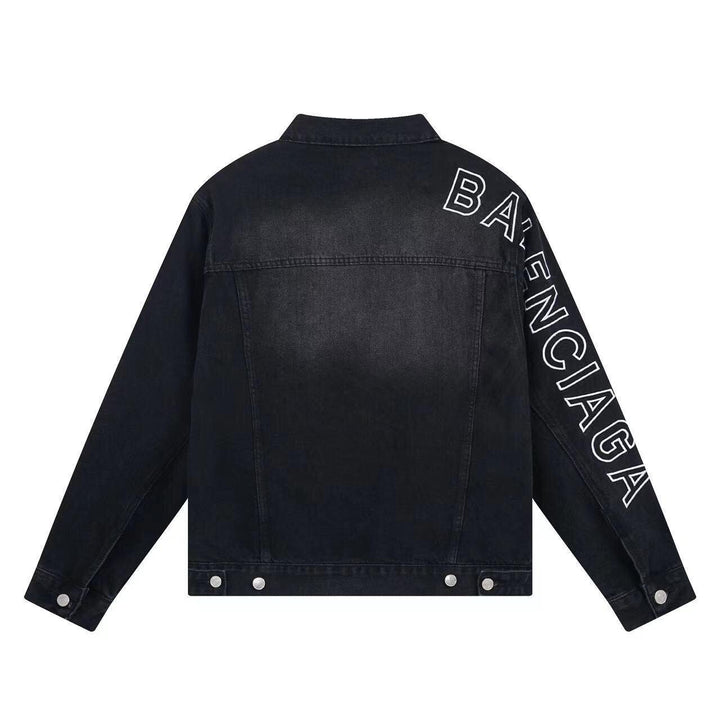 BALENCIAGA UNISEX Embroidered Logo Denim Jacket Sunbleached Black