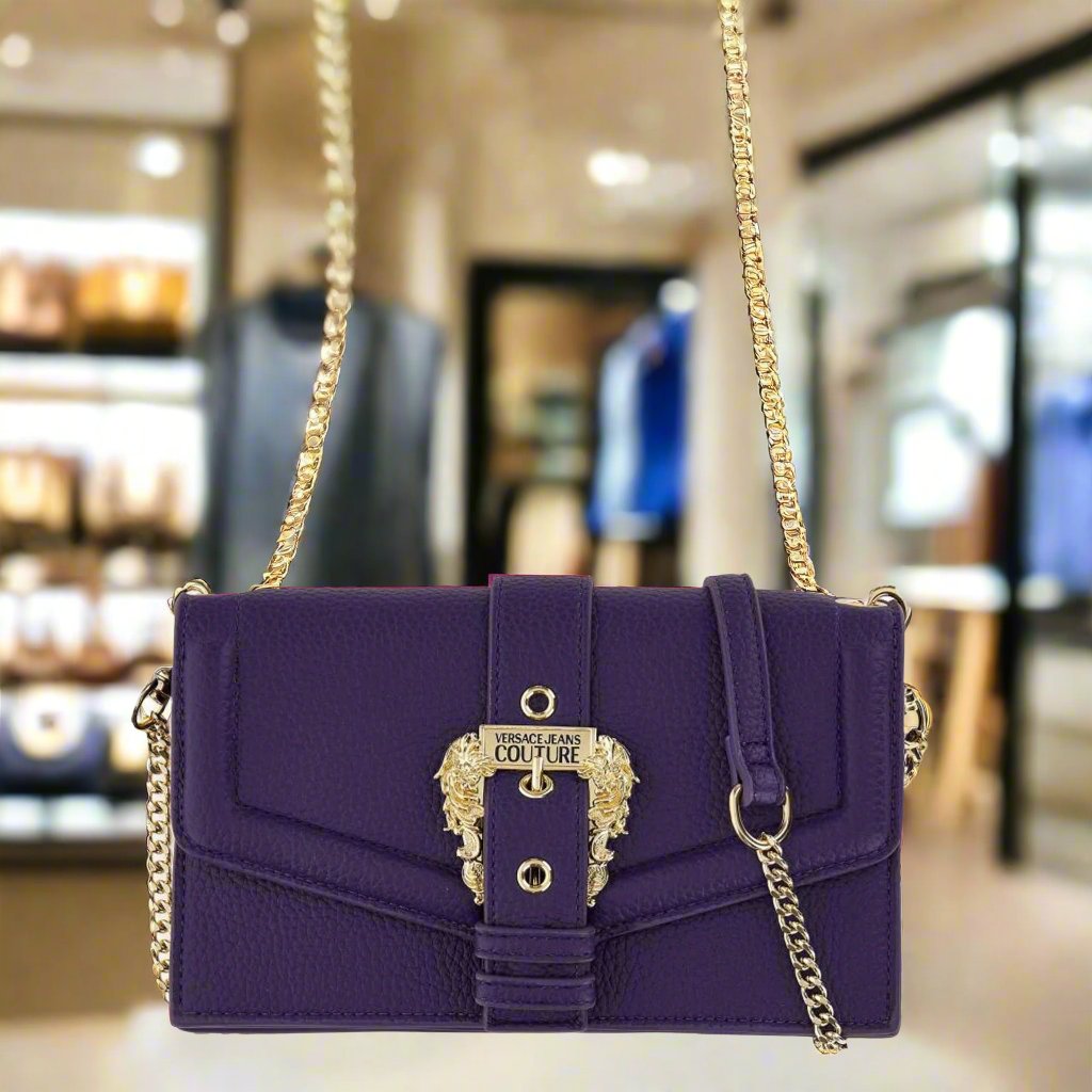 Versace Jeans Couture shoulder bag in purple with gold emblem, crafted from synthetic leather.