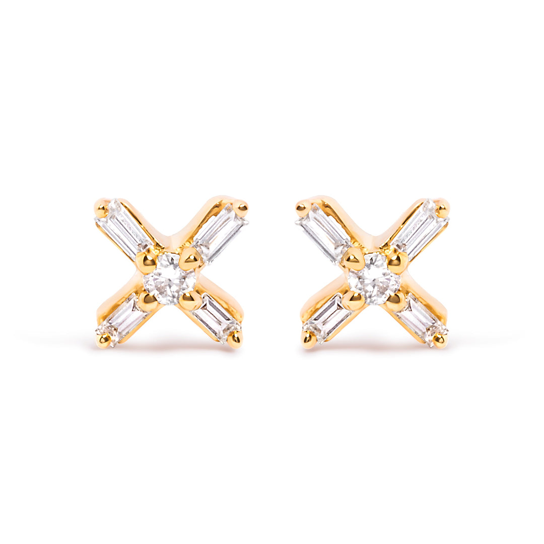 10K Yellow Gold 1/10 Cttw Round and Baguette Diamond Criss Cross X Stud Earring (H-I Color, I1-I2 Clarity)