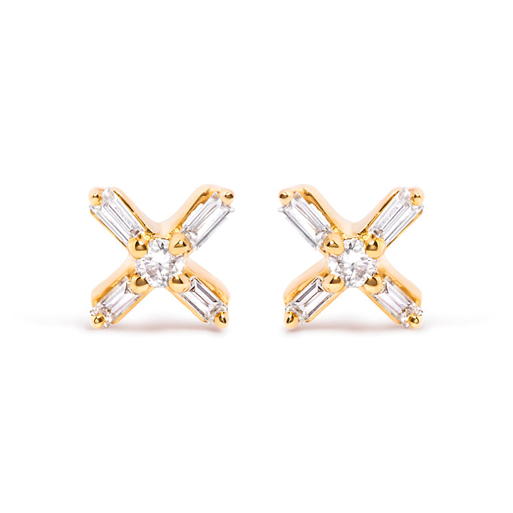 10K Yellow Gold 1/10 Cttw Round and Baguette Diamond Criss Cross X Stud Earring (H-I Color, I1-I2 Clarity)