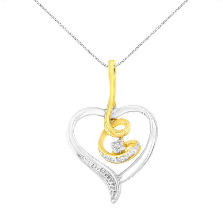 Espira 10K Two-Tone Yellow & White Gold .03 Cttw Diamond-Accented Round-Cut Diamond Swirl Open Heart 18" Pendant Necklace (I-J Color, I2-I3 Clarity)