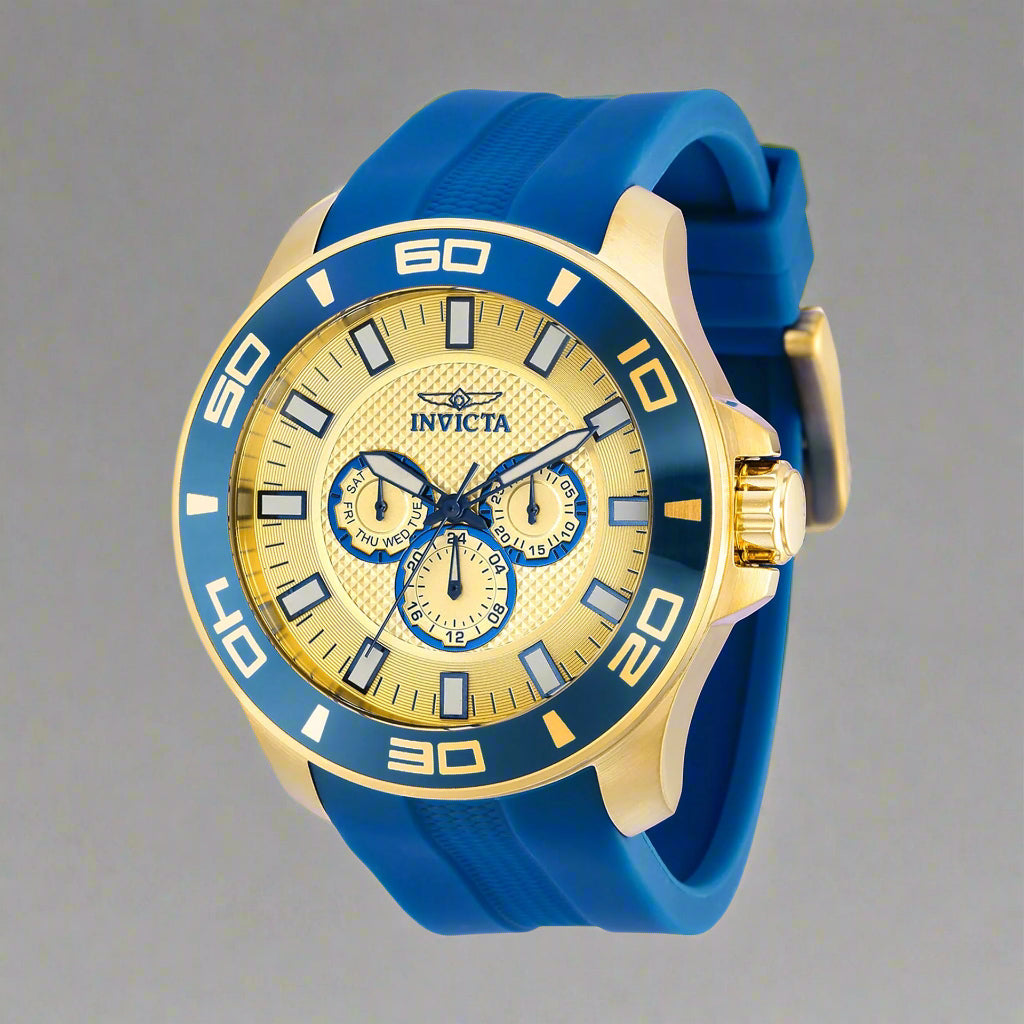INVICTA Pro Diver men's watch with stainless steel band INVICTA black graphic t-shirt with logo front Gold-tone INVICTA chronograph wristwatch close-up INVICTA men's button-down shirt with embroidered detail INVICTA oversized sport watch and branded appar