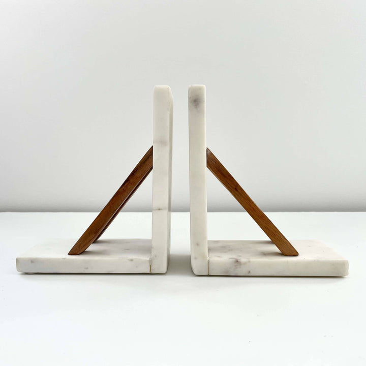 White marble & acacia wood handmade minimal neutral bookends