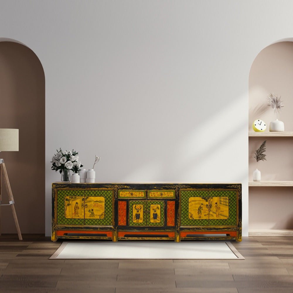 9 Feet Long Hand Painted Antique Asian Sideboard | Designer Sale