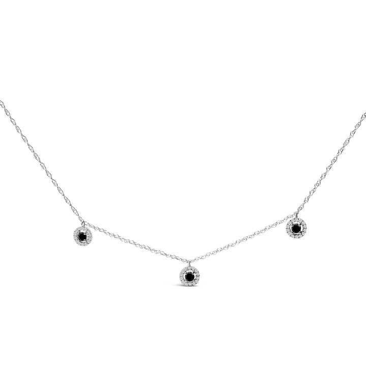 .925 Sterling Silver 5/8 Cttw Black Diamond 3 Station with Halo Necklace