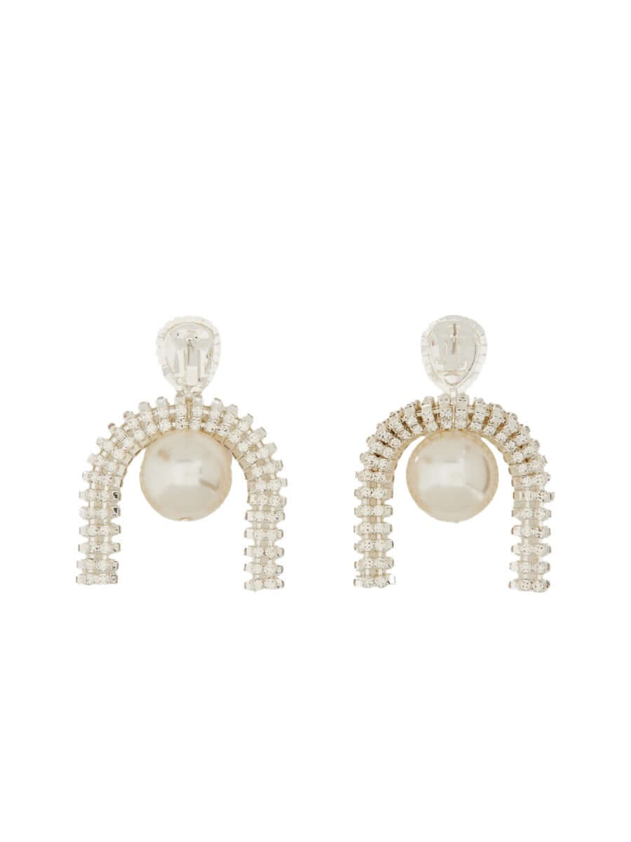 Pair of pearl earrings with decorative arches on a white background