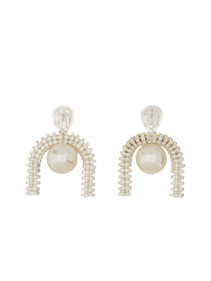 Pair of pearl earrings with decorative arches on a white background