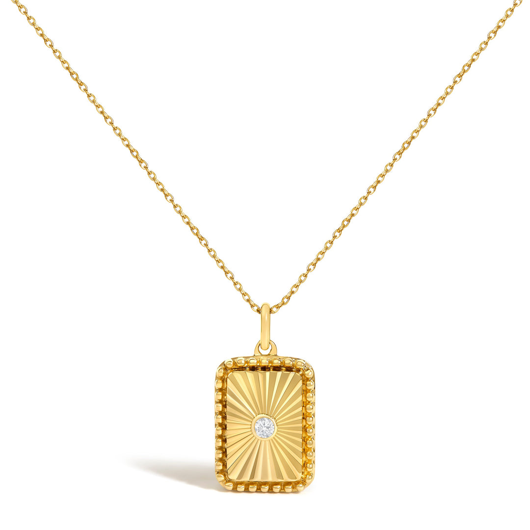 14K Yellow Gold Diamond Accent Rectangular Fluted Medallion Pendant Necklace