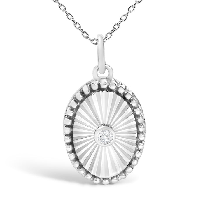 10K White Gold Diamond Accent Oval Fluted Medallion Pendant Necklace