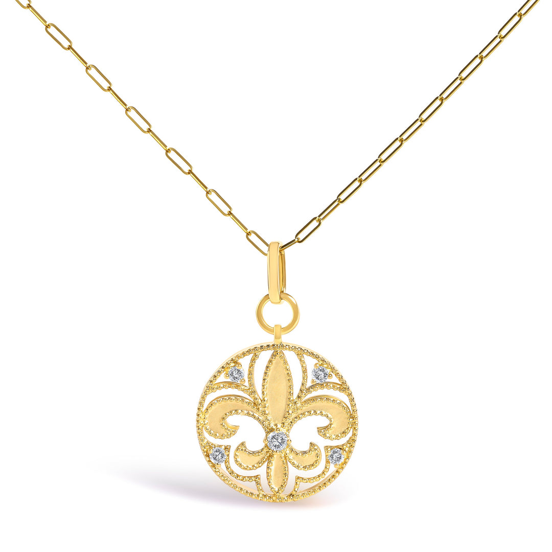 14K Yellow Gold 1/4 Cttw Round Diamond Openwork Fleur de Lis Medallion Pendant Necklace