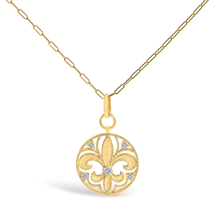 14K Yellow Gold 1/4 Cttw Round Diamond Openwork Fleur de Lis Medallion Pendant Necklace