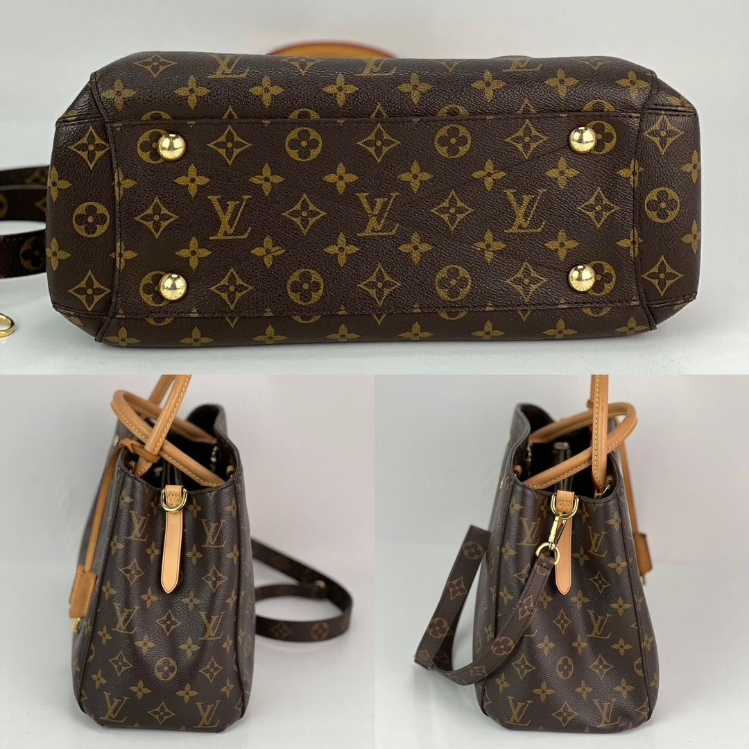 Brown handbag with gold monogram pattern on a white background