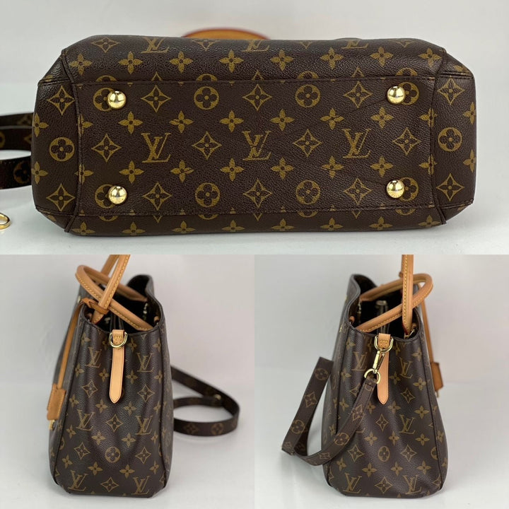 Brown handbag with gold monogram pattern on a white background