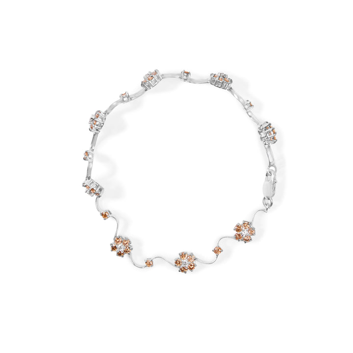 10K White Gold 4.0 Cttw Champagne and White Diamond Floral Cluster and Station Link Bracelet (H-I Color, SI2-I1 Clarity) - 7" Inches